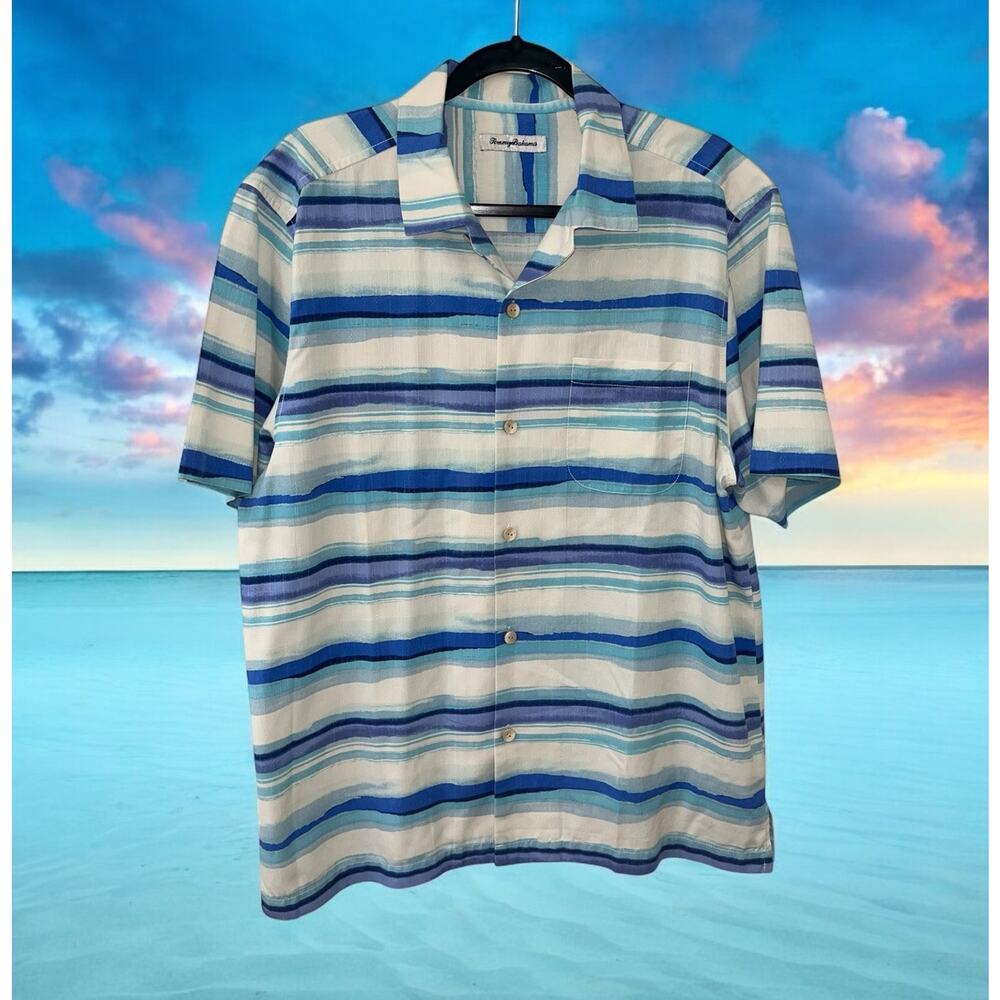 Tommy Bahama Shirt Men SIZE Large Silk Striped Button Up Short Sleeve blue white